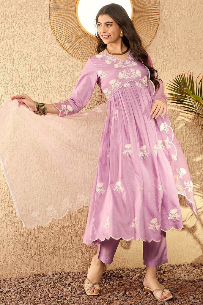 Lavender Silk Blend Embroidered Kurta Trouser With Dupatta HOPPKSKD2594