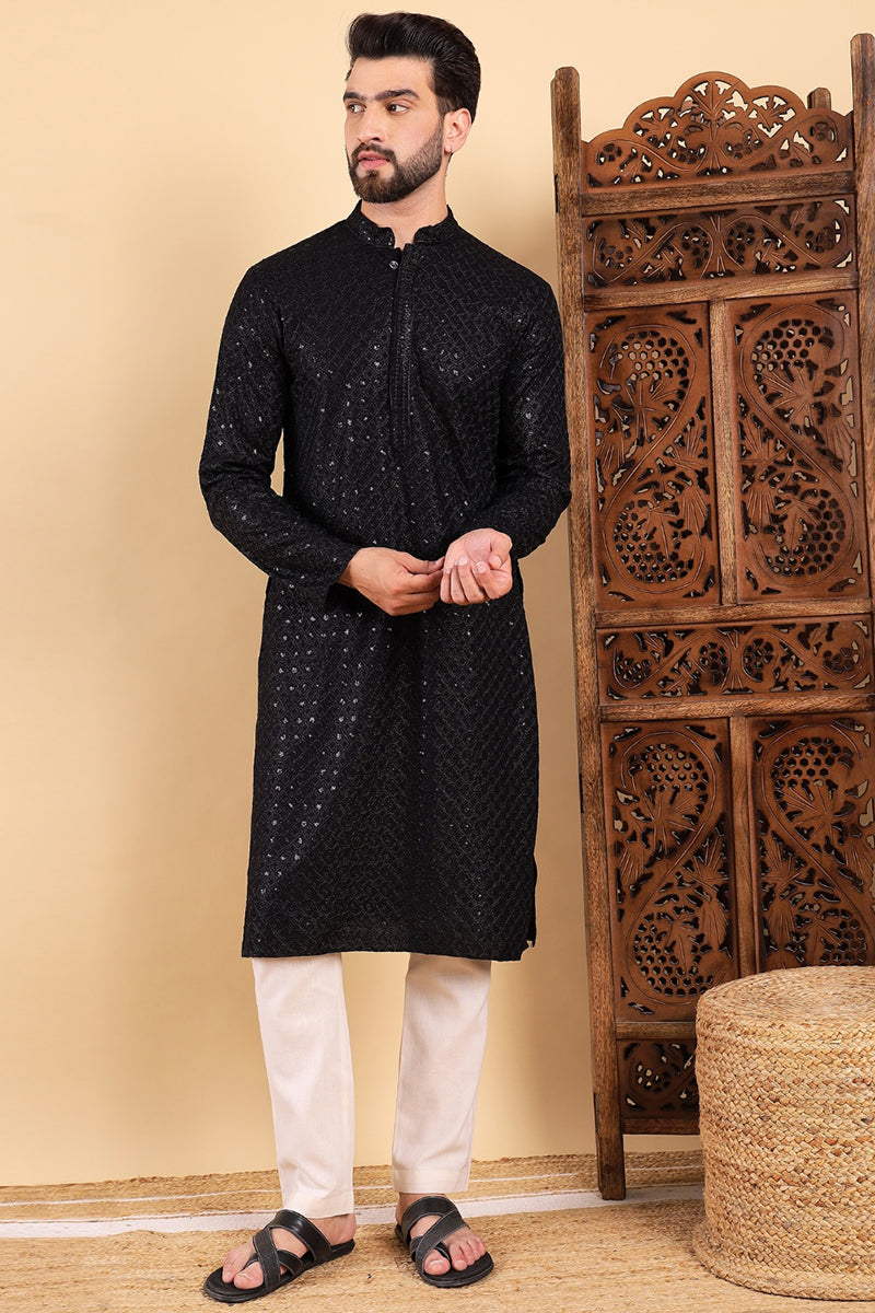 Black Viscose Rayon Solid Embroidered Straight Kurta For Men MKU1011BLK