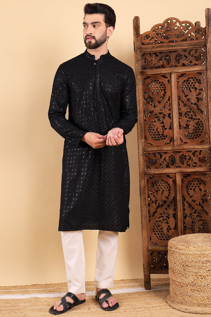 Black Viscose Rayon Solid Embroidered Straight Kurta For Men MKU1011BLK