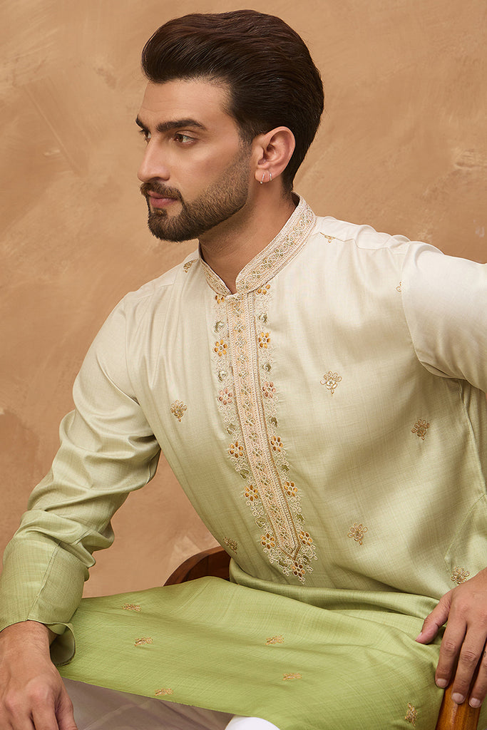 Green Silk Blend Solid Embroidered Straight Kurta MKU1488