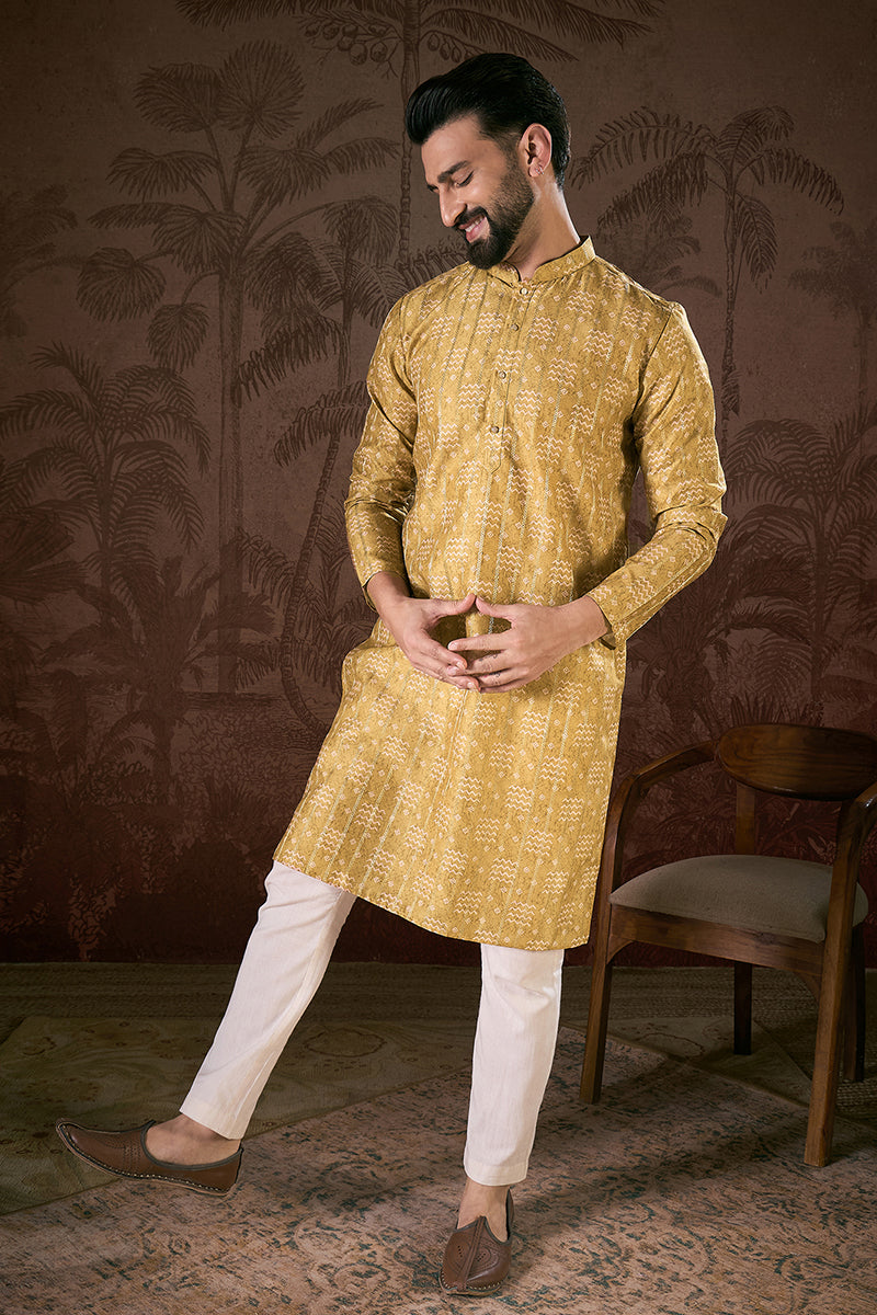 Mustard Silk Blend Ethnic Motifs Printed Straight Kurta With Trouser MKSET1926