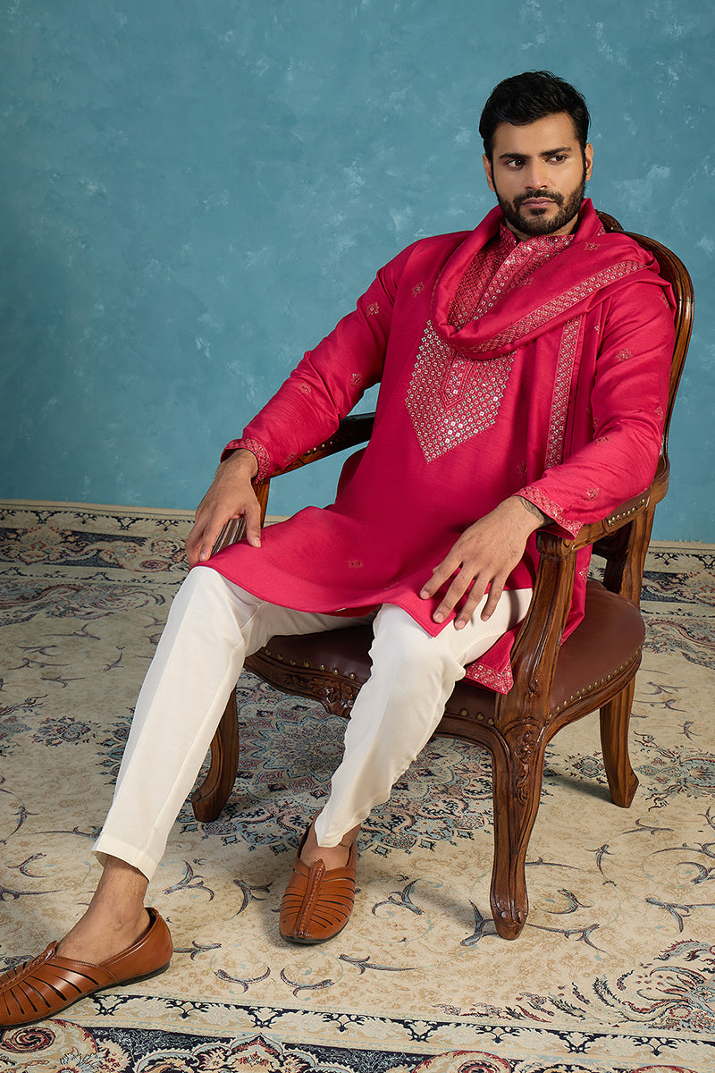 Pink Silk Blend Solid Embroidered Kurta&Dupatta With Trouser MKPD1077