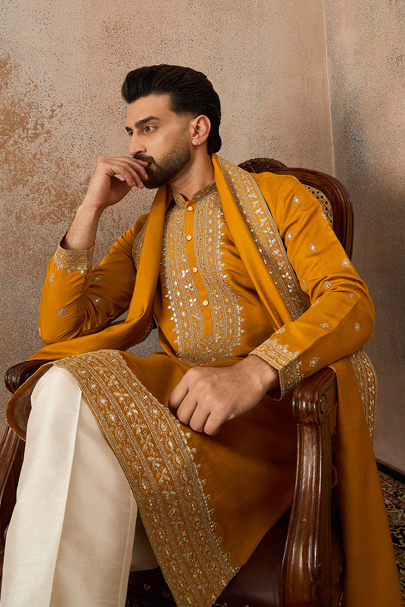 Mustard Silk Blend Solid Embroidered Kurta With Dupatta MKUD1029