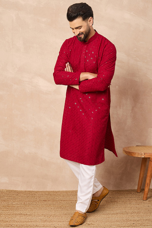 Maroon Viscose Rayon Solid Embroidered Straight Kurta MKU1226