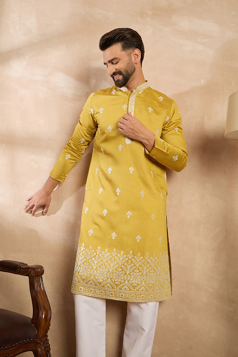 Yellow Polyester Solid Embroidered Straight Kurta MKU1809