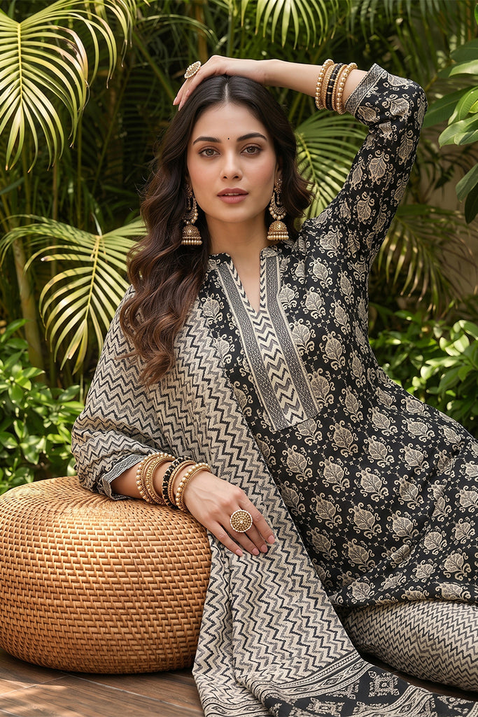 Black Rayon Blend Ethnic Motifs Straight Suit Set VKSKD1673