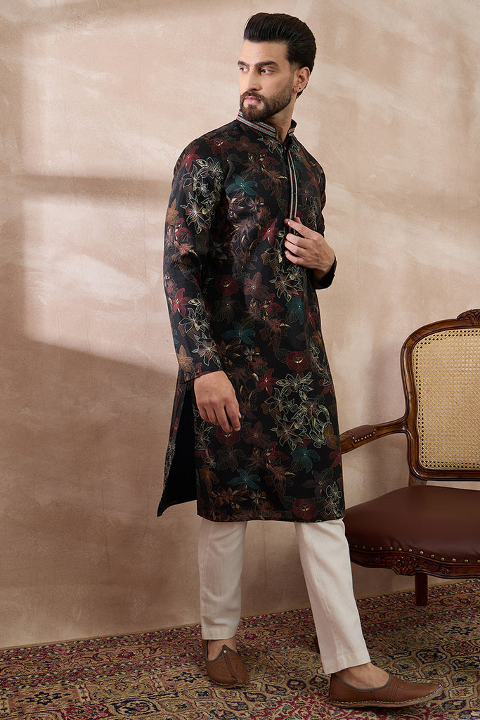 Black Silk Blend Printed Mandarin Collar Straight Kurta MKU1956