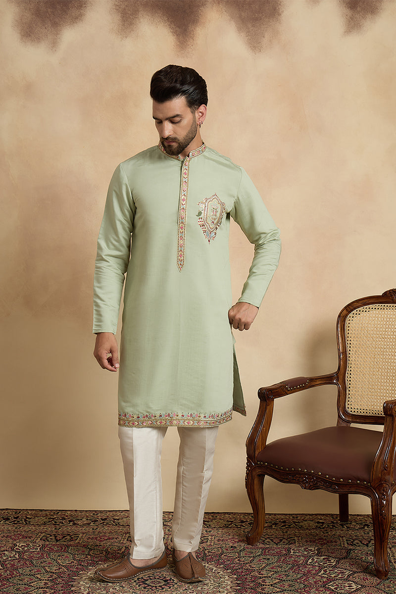 Green Silk Blend Solid Embroidered Sequins Kurta With Dupatta MKUD1070