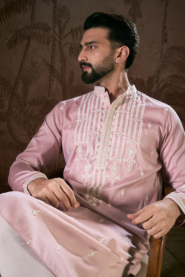 Pink Silk Blend Solid Embroidered Straight Kurta With Trouser MKSET1788
