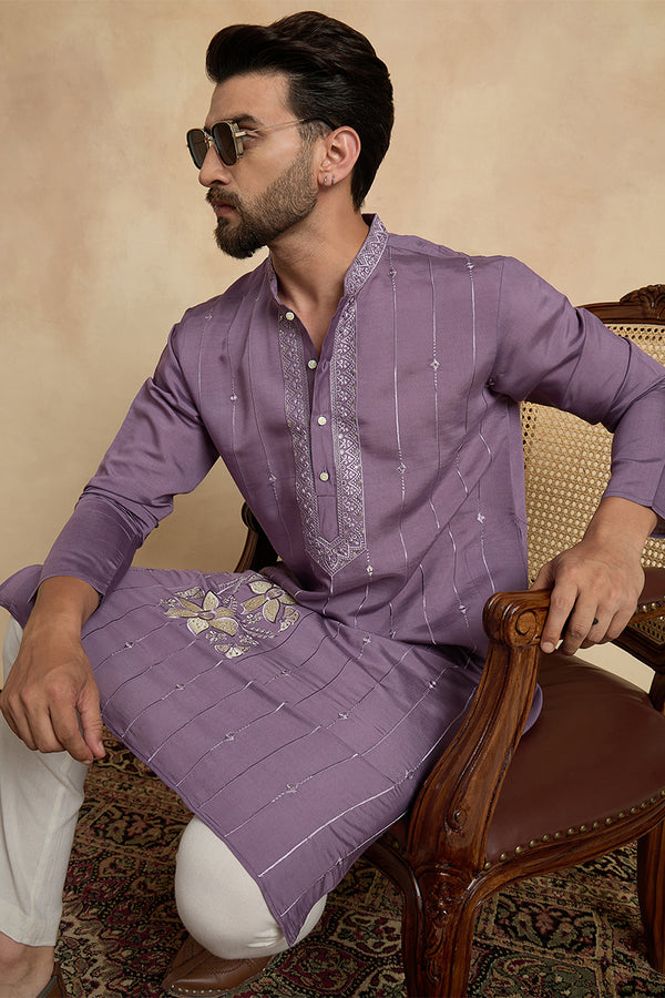 Lavender Silk Blend Solid Embroidered Kurta MKU2463