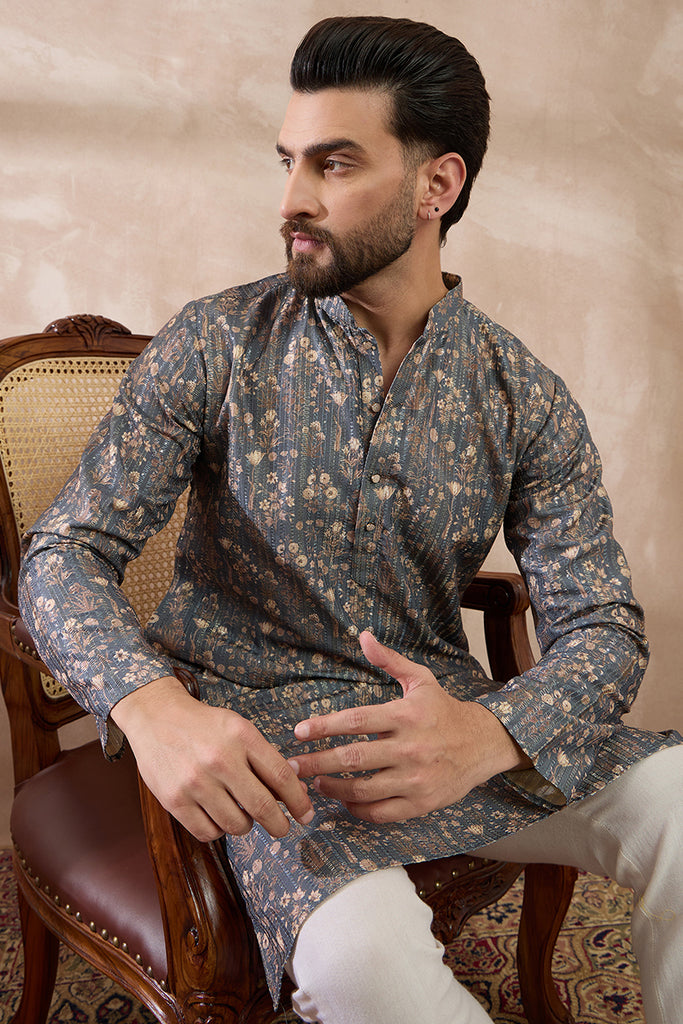 Grey Silk Blend Printed Mandarin Collar Straight Kurta MKU1931