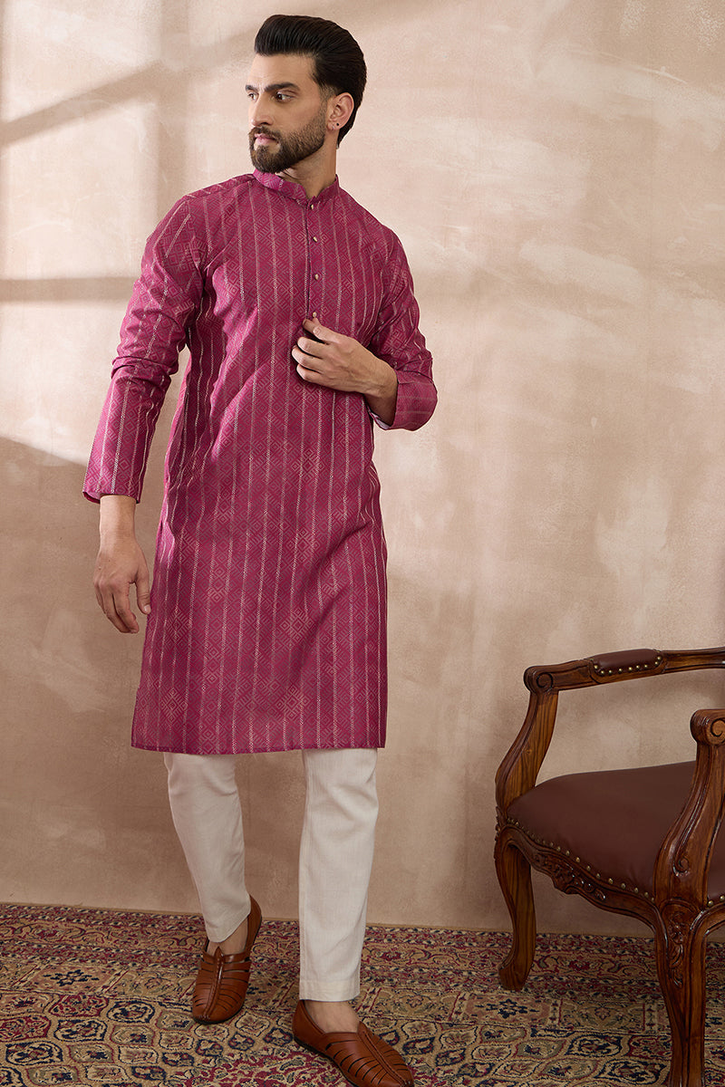 Pink Silk Blend Printed Mandarin Collar Straight Kurta With Trouser MKSET2114