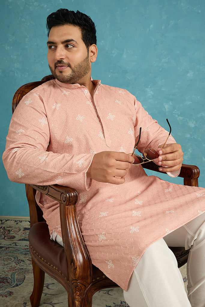 Peach Viscose Rayon Bandhani Thread Work Embroidered Kurta MKU1587