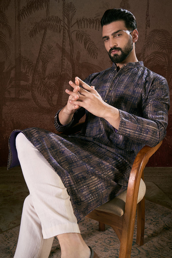 Violet Silk Blend Abstract Printed Straight Kurta With Trouser MKSET1909