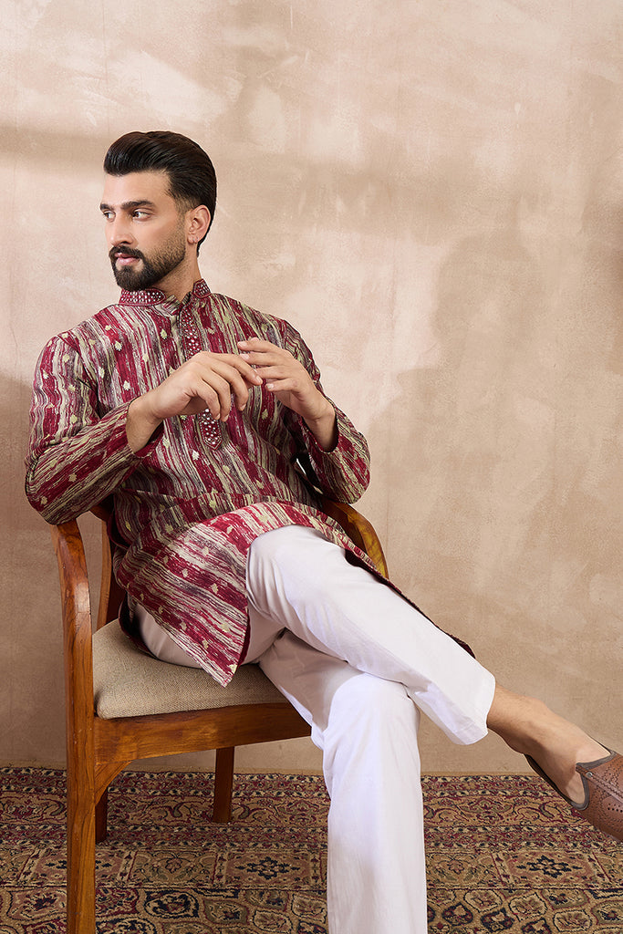 Maroon Silk Blend Abstract Printed Straight Kurta With Trouser MKSET2006