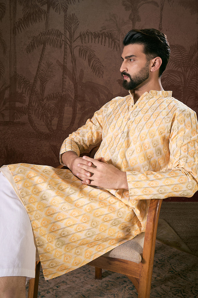 White Silk Blend Ethnic Motifs Printed Straight Kurta MKU1914