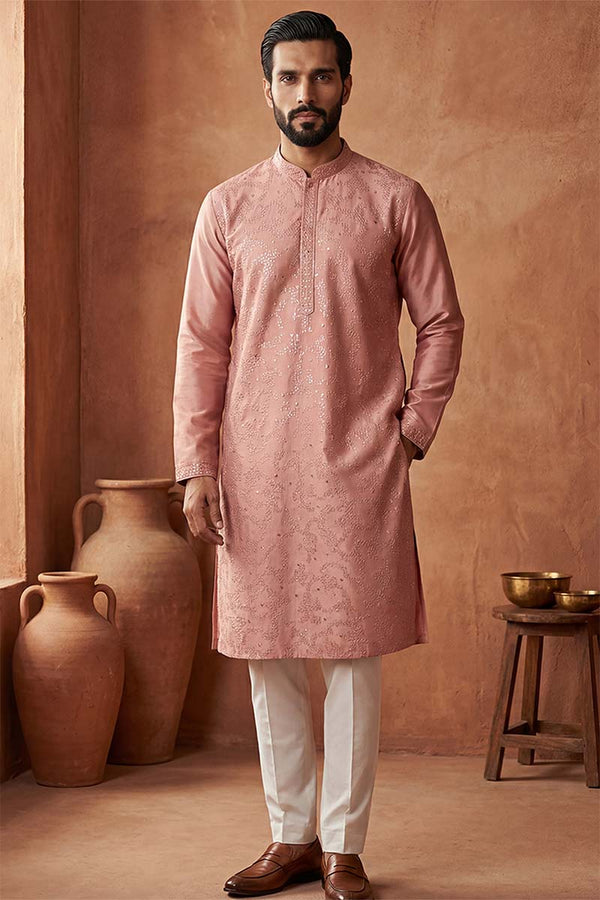 Silk Blend Peach Solid Embroidered Calf Length Straight Kurta MKU2136