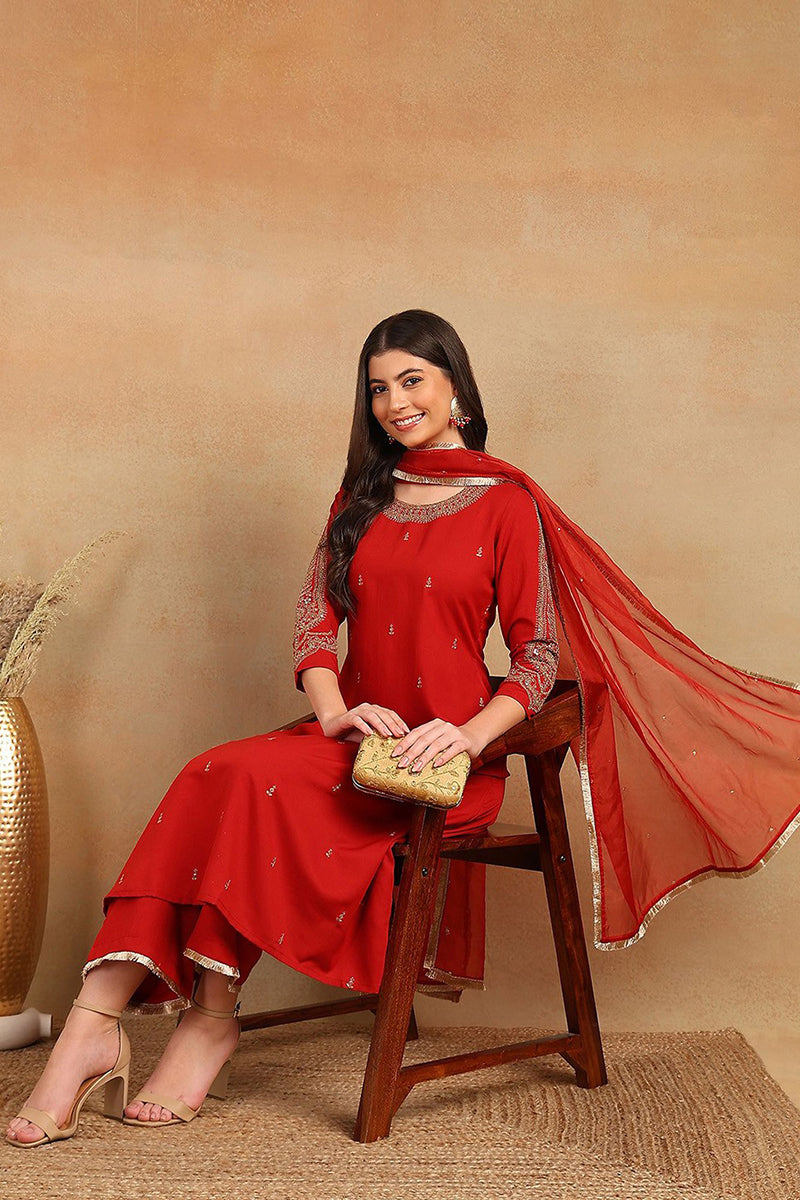 Red Silk Blend Embroidered A-Line Kurta Trouser With Dupatta HOPPKSKD2535RED