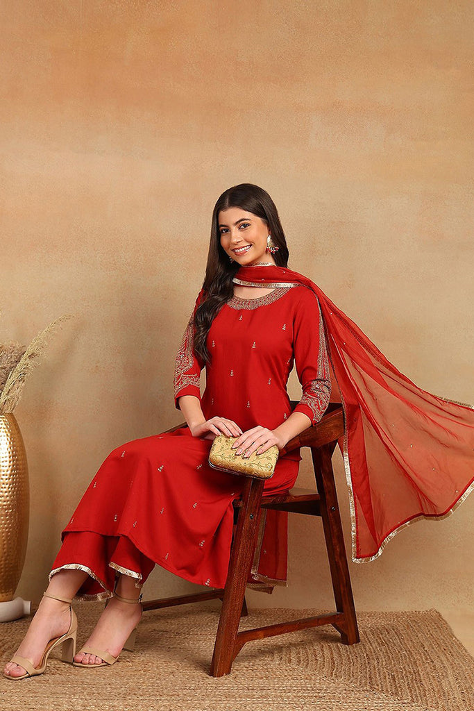 Red Silk Blend Embroidered A-Line Kurta Trouser With Dupatta HOPPKSKD2535RED