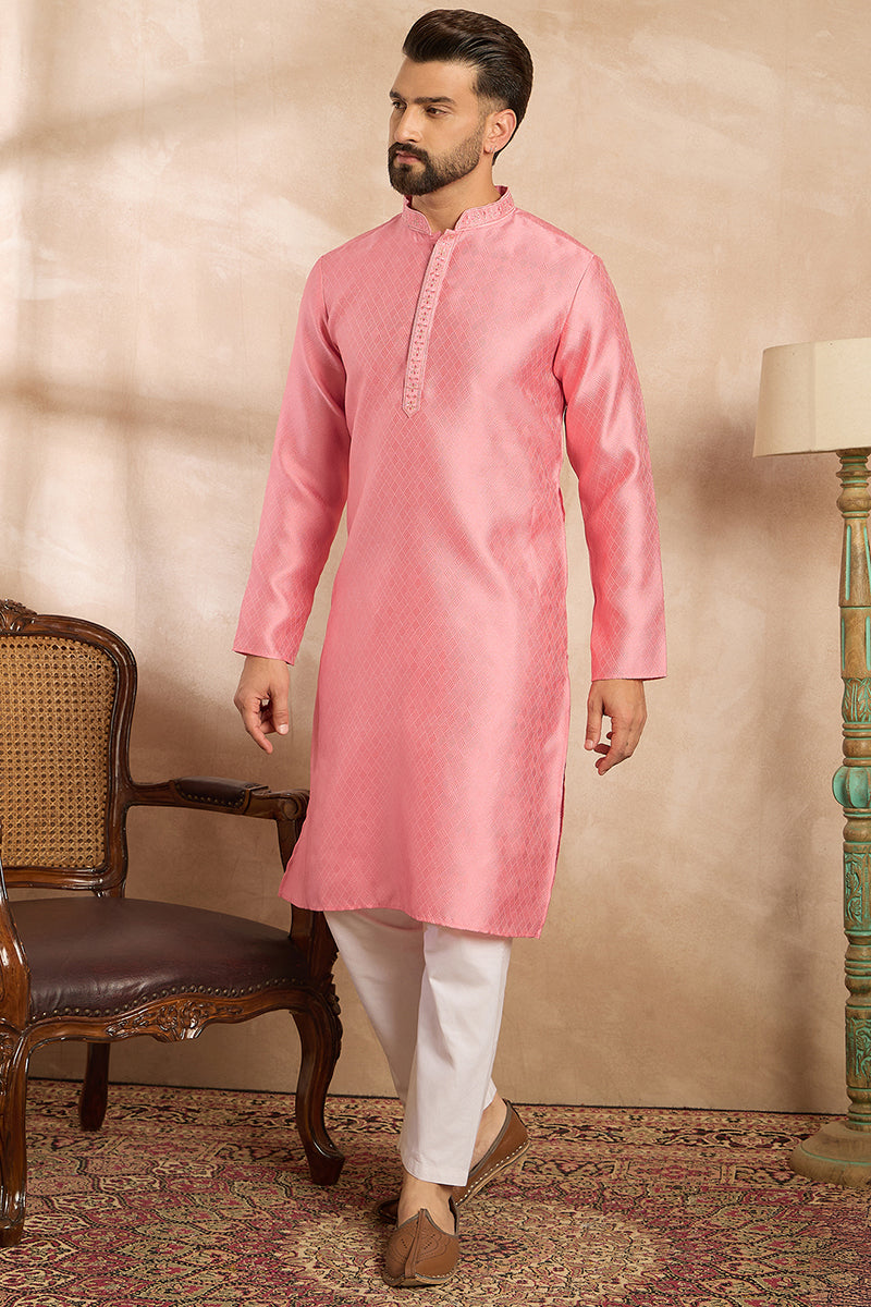 Pink Polyester Solid Embroidered Straight Kurta MKU1842