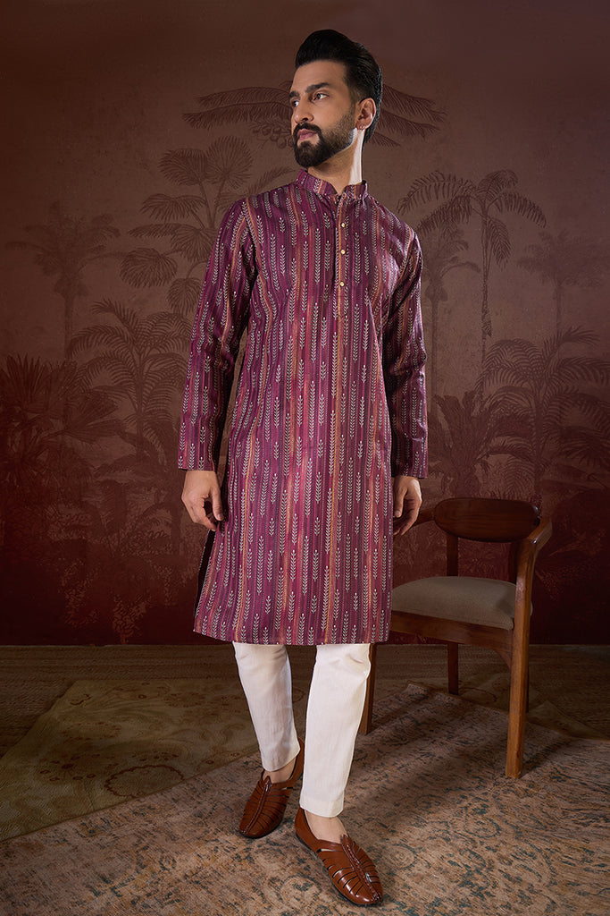 Purple Silk Blend Striped Printed Straight Kurta With Trouser MKSET1905