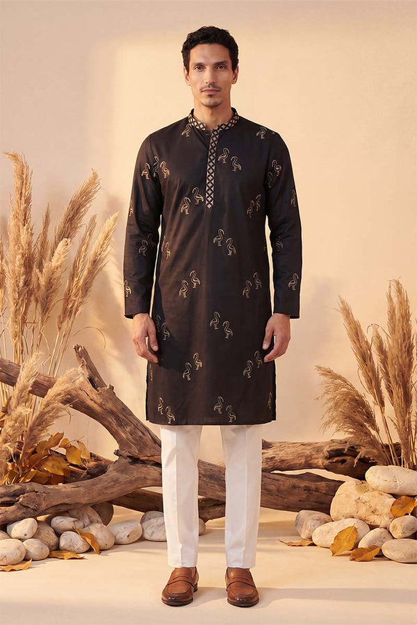 Black Silk Blend Solid Embroidered Kurta With Trousers MKSET1817