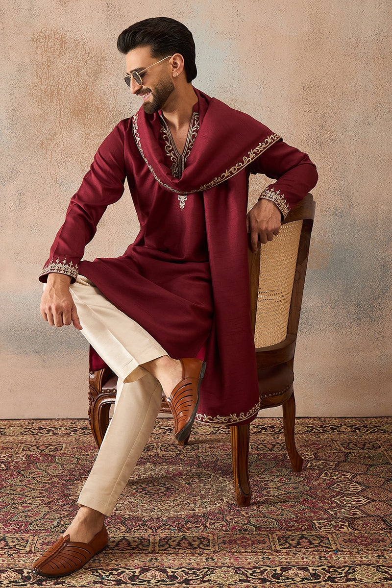 Maroon Silk Blend Solid Embroidered Kurta & Trouser With Dupatta MKPD1036