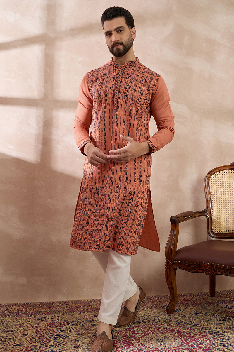 Orange Silk Blend Embroidered Mandarin Collar Straight Kurta With Trouser MKSET2043