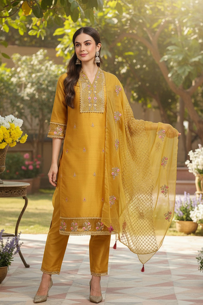 Mustard Yellow Silk Blend Floral Embroidered Straight Suit Set PKSKD2240