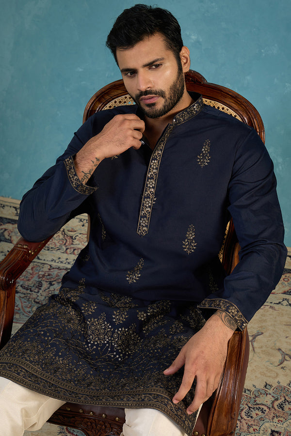 Blue Silk Blend Embroidered Straight Kurta Sets MKSET2122
