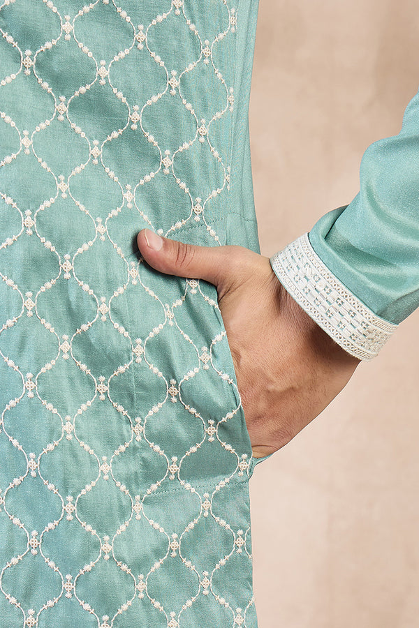 Teal Silk Blend Geometric Embroidered Straight Kurta With Trouser MKSET1693