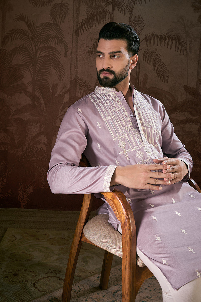 Lavender Silk Blend Solid Embroidered Straight Kurta With Trouser MKSET1880