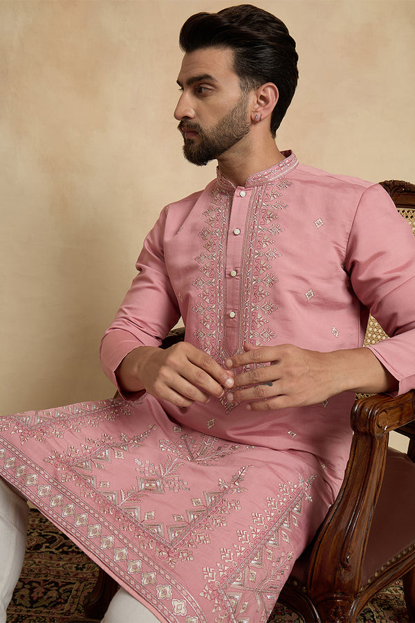 Pink Silk Blend Solid Embroidered Straight Kurta With Trouser MKSET2526