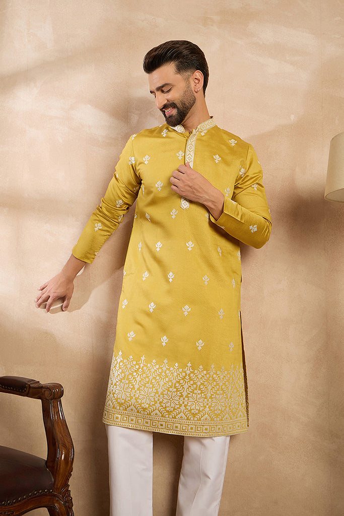 Yellow Polyester Solid Embroidered Straight Kurta With Trouser MKSET1809