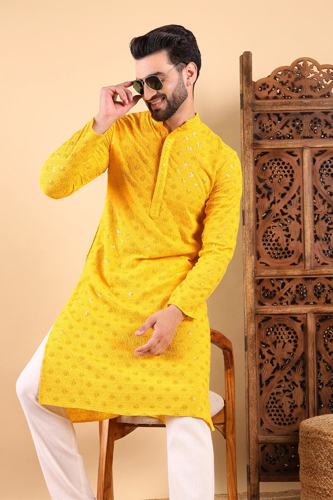 Yellow Viscose Rayon Solid Embroidered Straight Kurta with Trousers MKSET1010YLW