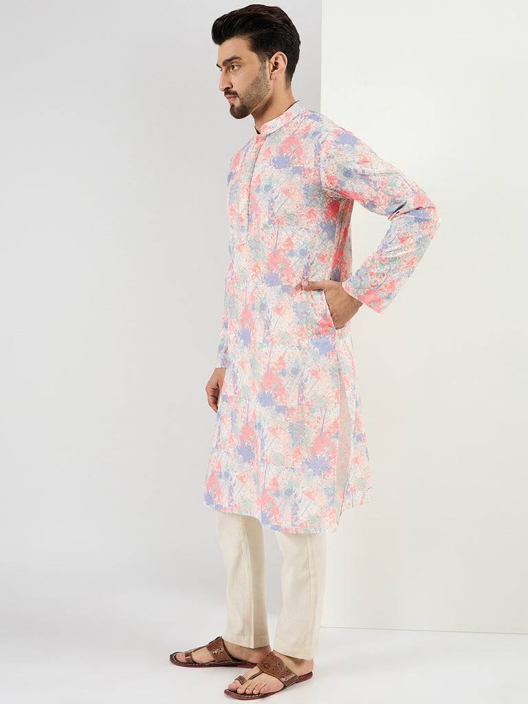 Off White Viscose Rayon Abstract Embroidered Straight Kurta With Pant Set MKSET1082
