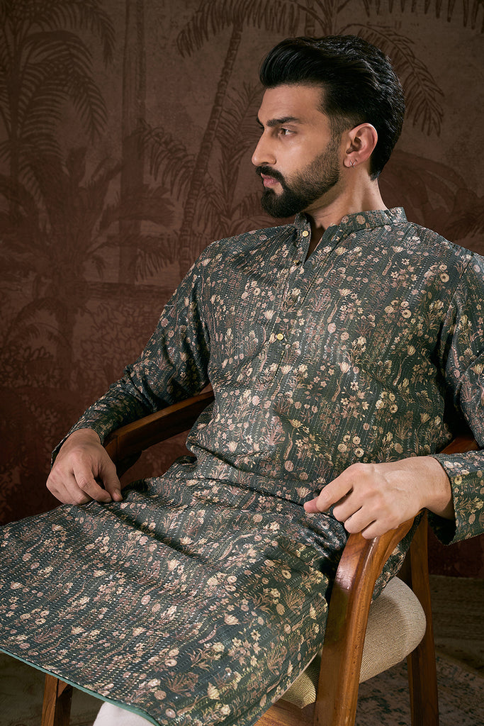 Olive Silk Blend Floral Printed Straight Kurta MKU1911