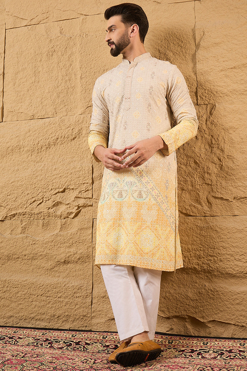 Yellow Viscose Rayon Ethnic Motifs Embroidered Straight Kurta with Trouser MKSET1138