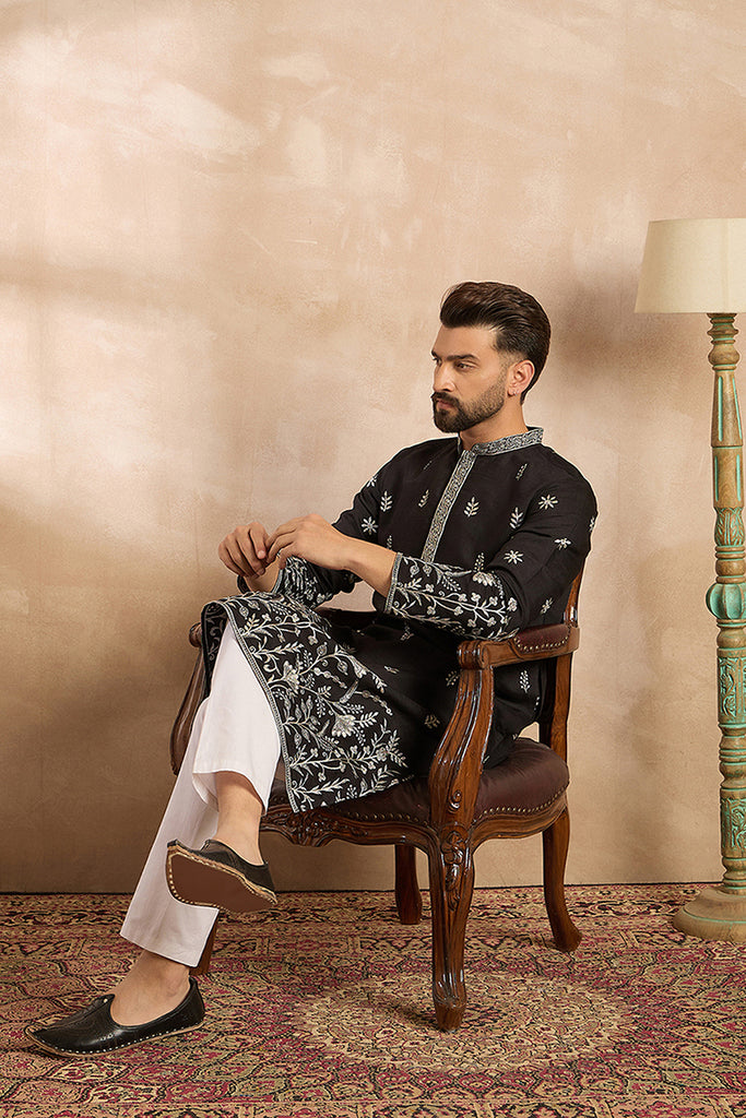 Black Silk Blend Solid Embroidered Straight Kurta With Trouser MKSET1782