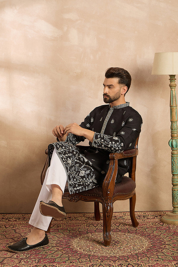 Black Silk Blend Solid Embroidered Straight Kurta With Trouser MKSET1782