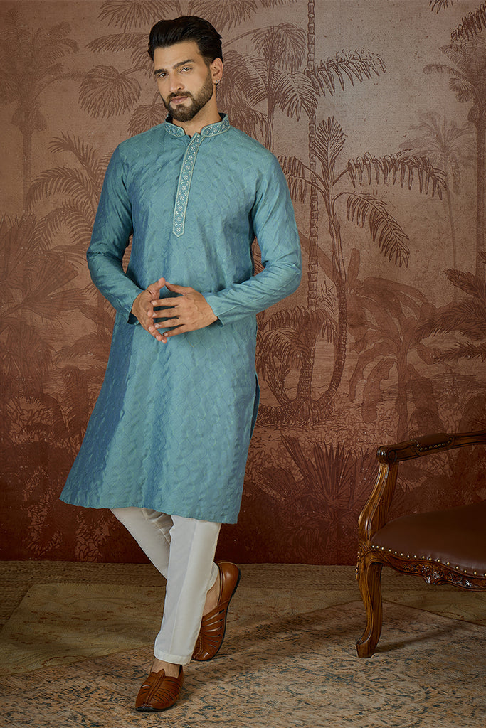 Teal Jacquard Solid Embroidered Kurta With Trouser MKSET2502