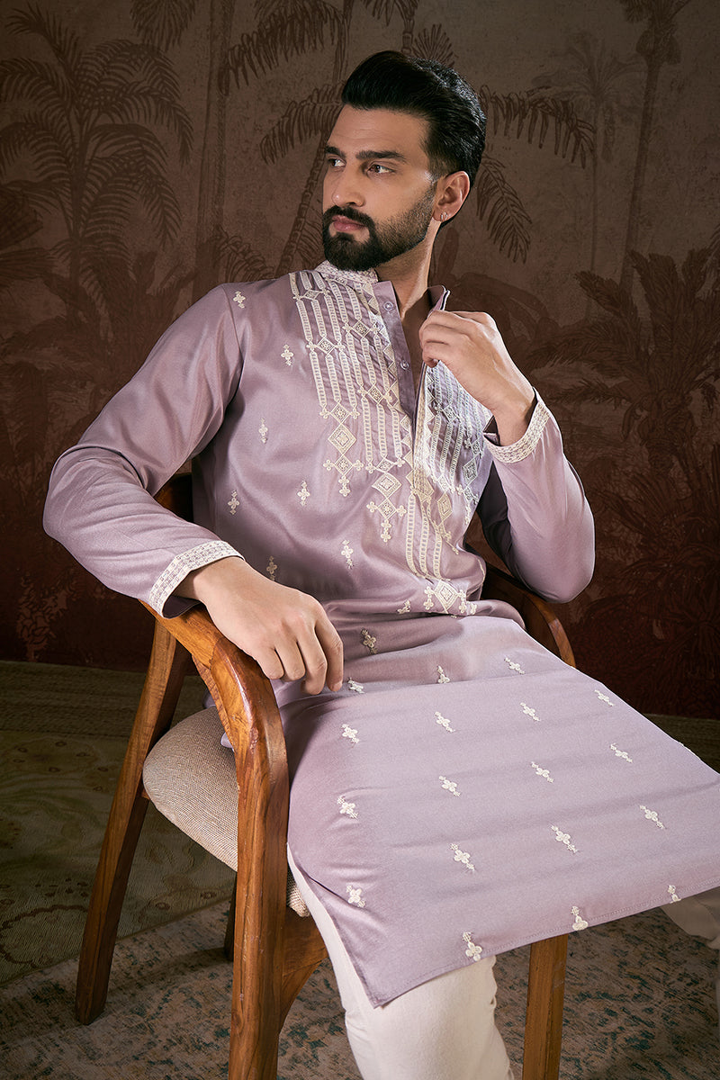 Lavender Silk Blend Solid Embroidered Straight Kurta With Trouser MKSET1880