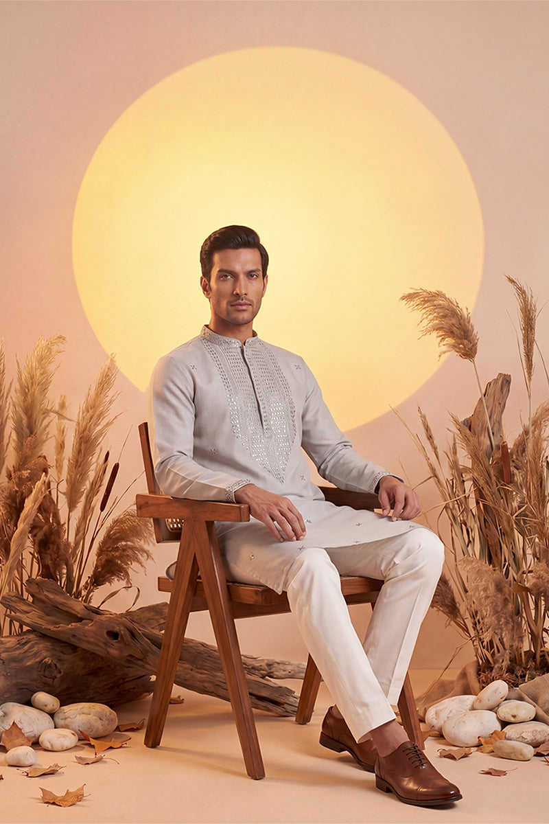 Grey Silk Blend Solid Emboidered Sequins Kurta MKU2280