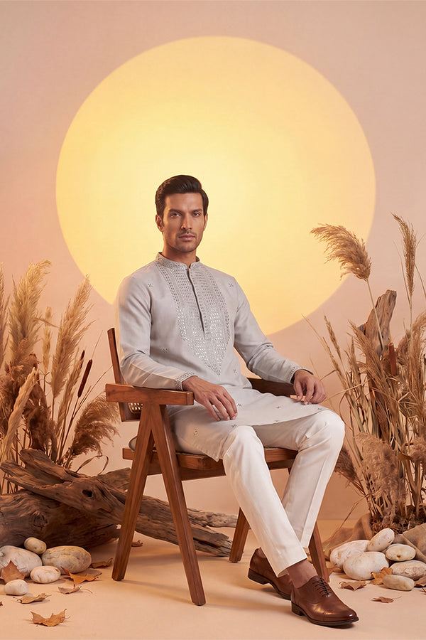 Grey Silk Blend Solid Emboidered Sequins Kurta MKU2280