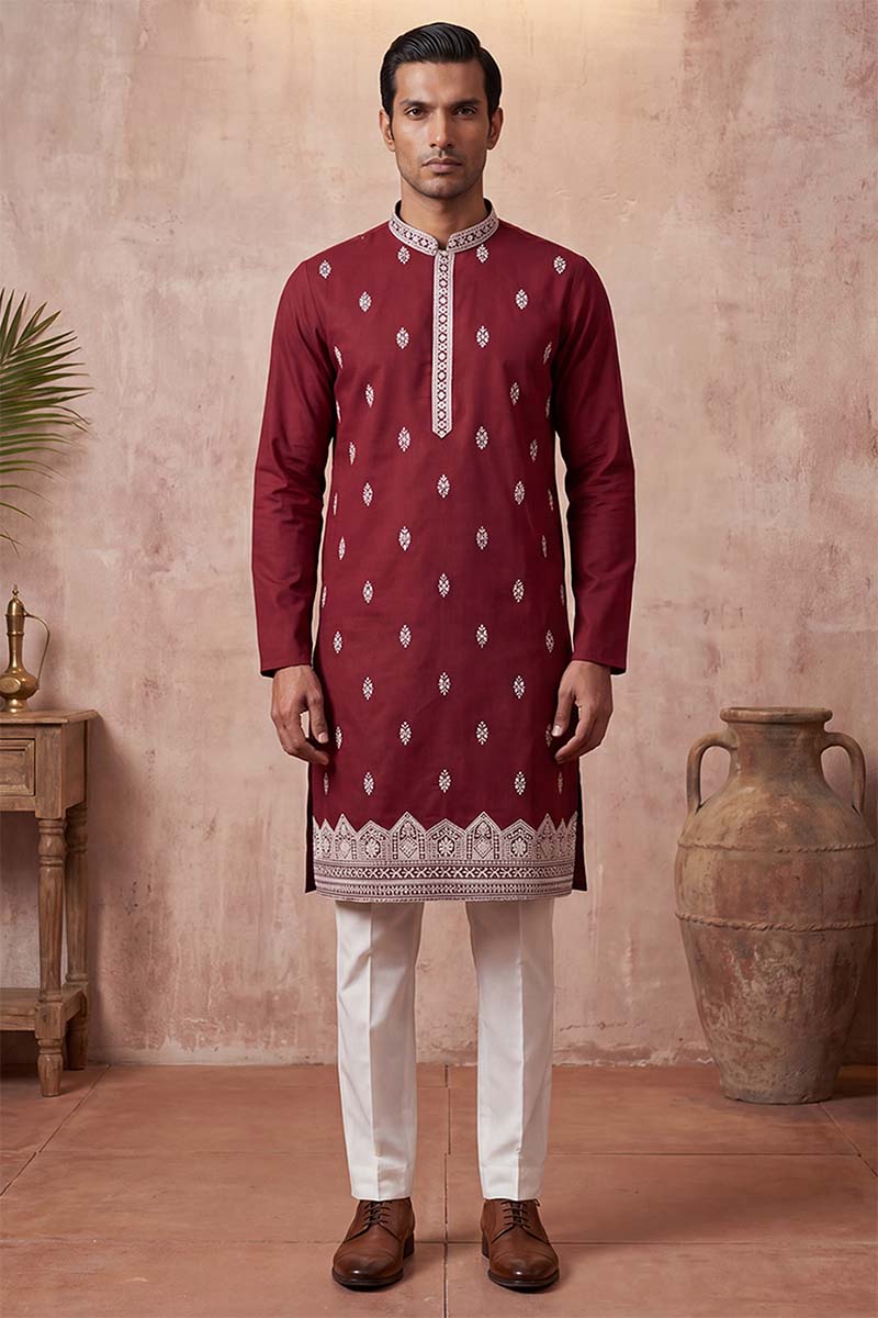 Silk Blend Maroon Solid Embroidered Calf Length Straight Kurta With Trousers MKSET2270