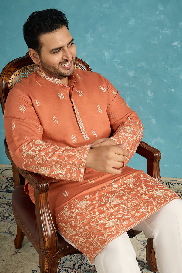 Peach Silk Blend Solid Thread Work Embroidered Kurta MKU1935