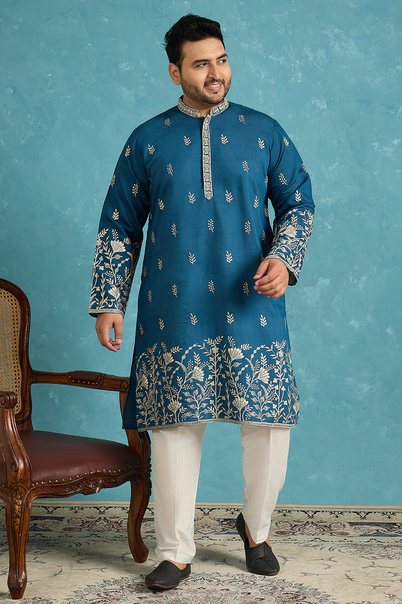 Blue Silk Blend Solid Thread Work Embroidered Kurta MKU1315