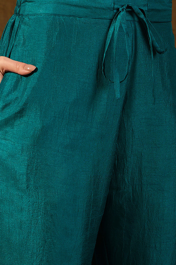 Teal Silk Blend Solid Embroidered A-Line Kurta Trouser With Dupatta PKSKD2824