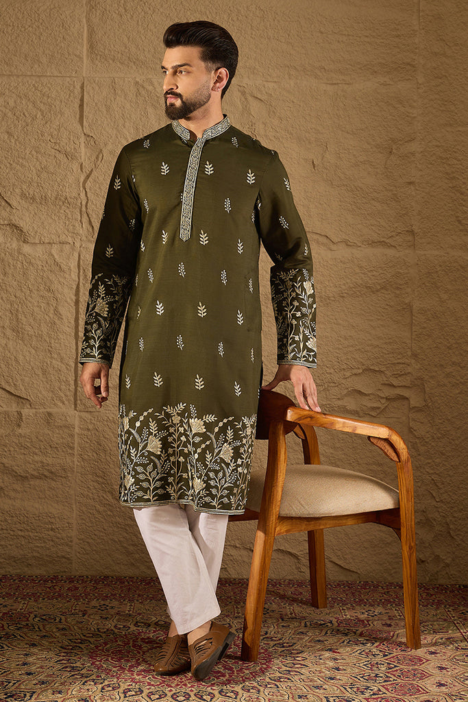 Olive Chanderi Silk Solid Embroidered Straight Kurta with Trouser MKSET1319