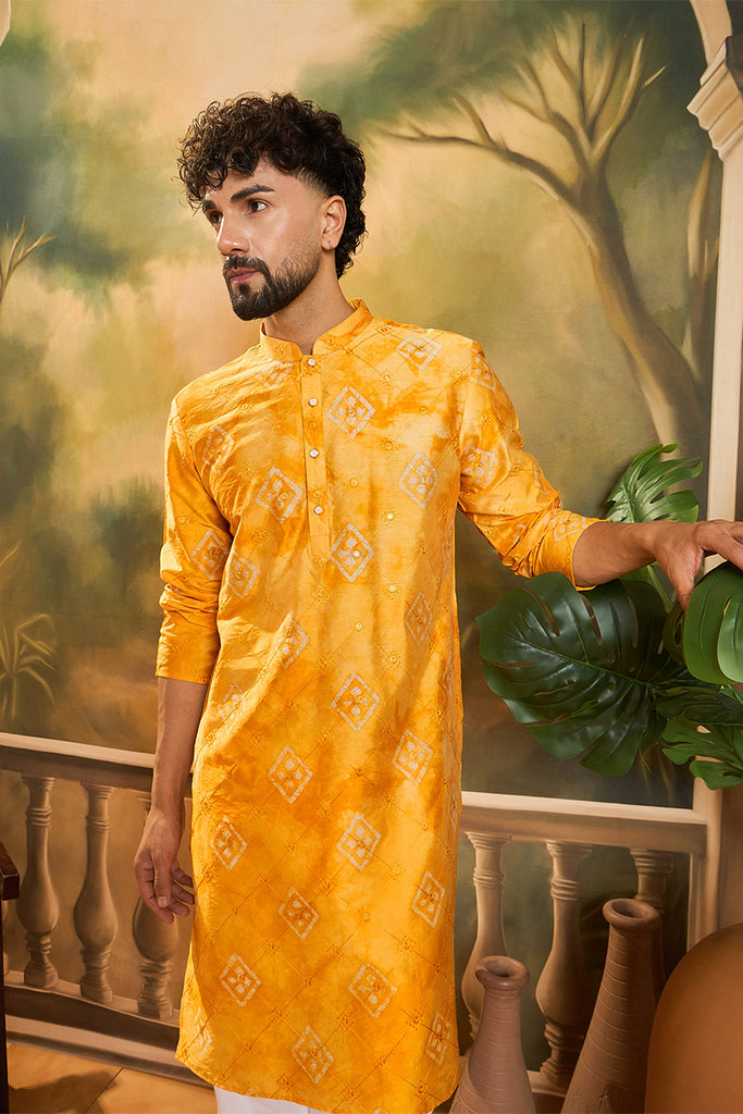 Orange Silk Blend Batik Embroidered Straight Kurta with Trouser MKSET1466